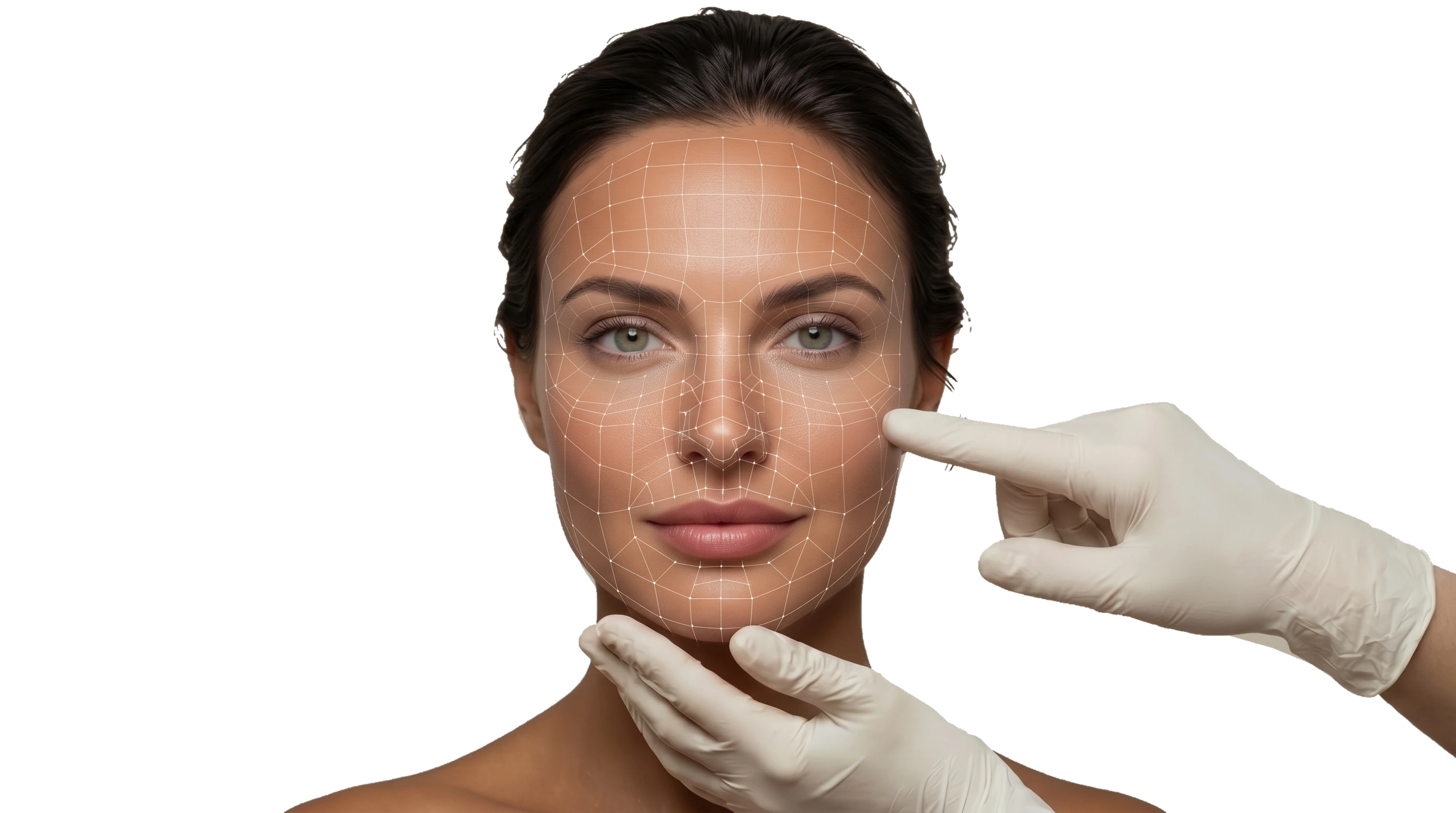 Illustrative facial assessment concept with a fine grid and gloved hands