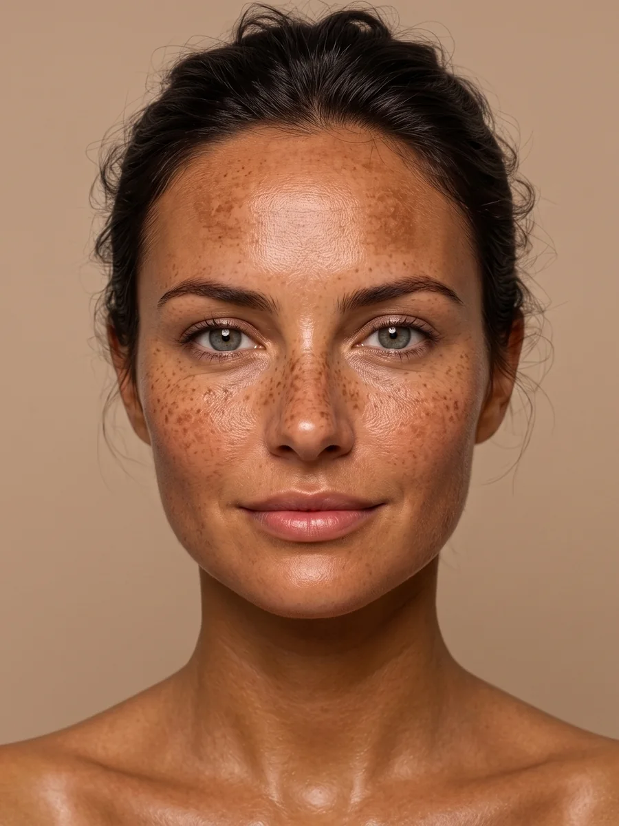 Front-facing portrait showing visible facial pigmentation and uneven tone