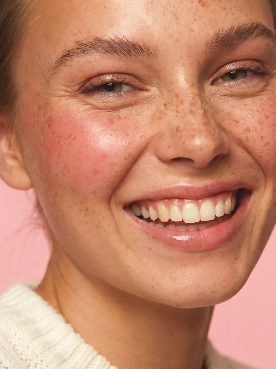 Smiling woman showing visible cheek flushing and facial redness